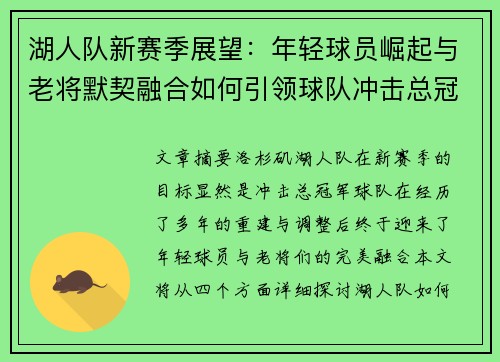 湖人队新赛季展望：年轻球员崛起与老将默契融合如何引领球队冲击总冠军